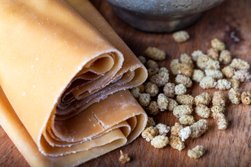 Mulberry pulp (pestil) with dried mulberries.  Dried Fruit Pulp Mulberry. 