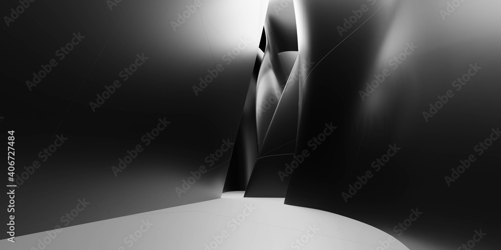 Poster futuristic abstract minimalistic dark round geometric architecture building interior 3d render illus