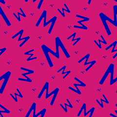 Blue seamless pattern with the letter M on a red background. Minimalistic freehand drawing style. Background for fabric, wallpaper, bed linen. Vector illustration.