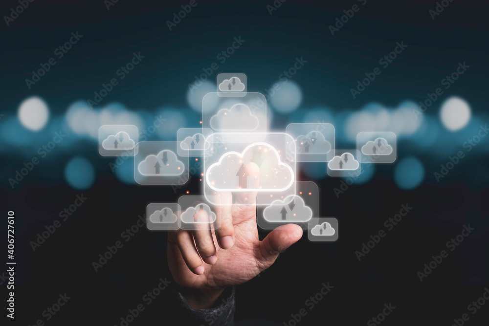 Poster hand touching to virtual artificial intelligence with cloud technology transformation and internet o