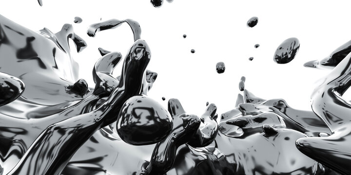 Abstract Close Up Of Black Fluid Liquid Splashing Wide Angle Shot 3d Render Illustration