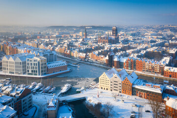 Beautiful scenery of Gdansk over Motlawa river at snowy winter, Poland