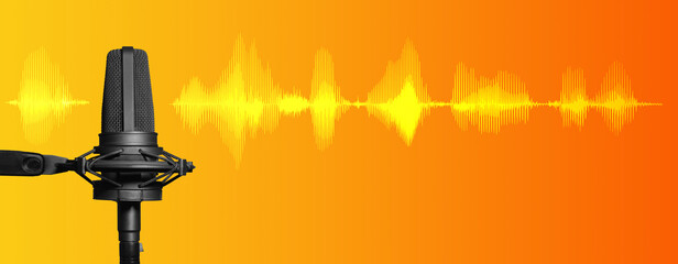 Recording studio microphone with audio waveform on orange background banner with copy space