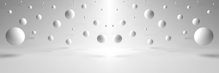 3D rendering of Minimal abstract scene with Spherical objects floating on many white backgrounds. Independent floating round object, Isolated on white background. Display product, illustration.