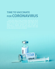 Ampoules with Covid-19 vaccine on blue background. Coronavirus sars-cov-2 pandemic.