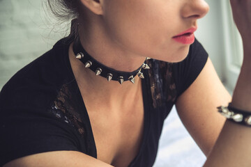Sexy leather accessory with spikes around the neck. Defiant collar and handmade natural black...