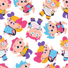 Cute kids vector cartoon seamless pattern on a white background.