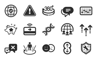 Text message, Spanner and Contactless payment icons simple set. Like, Swipe up and Chemistry dna signs. 360 degrees, Augmented reality and Global business symbols. Flat icons set. Vector