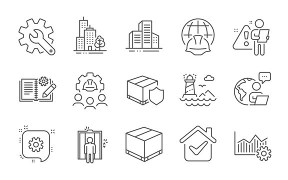 Global engineering, Delivery box and Lighthouse line icons set. Cogwheel, Buildings and Engineering documentation signs. Line icons set. Vector