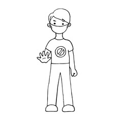 A man in a protective medical mask, hand forward. Stop the virus! 2019-ncov. Coronavirus. Vector hand-drawn doodle illustration. Black and white outline.