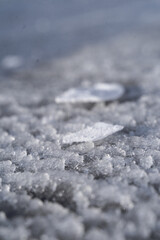 The icy texture on the frozen river. Crystal abstraction for the background. Macro ice surface shoot. 
