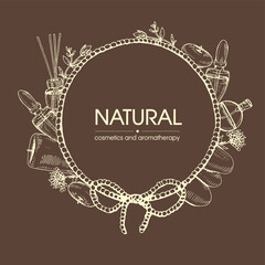 Frame with aromatherapy accessories. Detailed hand-drawn sketches