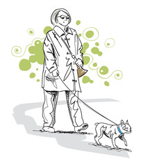 Old Senior Woman walking dog Line Art Vector Illustration