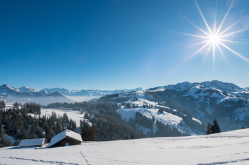 dreamy winter landscape at Jaun Pass in Bernese Alps
