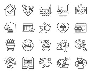 Holidays icons set. Included icon as Cross sell, Scuba diving, Sale signs. Airplane travel, Discount, Winner ticket symbols. Christmas calendar, Balloons, Romantic gift. Marketplace. Vector