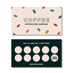 Loyalty card for cafe coffee. Stamps card collect 10 get 1 free. abstract background