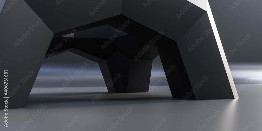 Poster abstract futuristic moder building architecture metallic surface 3d render illustration with sun bea