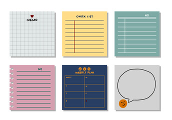 Cute sticky note papers printable set template vector cards, notes, stickers, labels, tags paper sheet with illustrations. Template cover for scrapbooking.