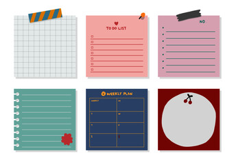 Cute sticky note papers printable set template vector cards, notes, stickers, labels, tags paper sheet with illustrations. Template cover for scrapbooking.