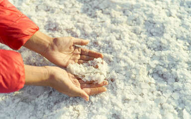 Fototapeta na wymiar Top view sea salt at Salt lake in Ukraine, salt crystals in a woman's hand. White crystallized salt and texture