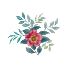 Delicate composition of flower and leaves. Hand drawn watercolor illustration. Suitable for print, poster, greeting card, invitation, postcard, textile design, fabric, wedding decor, wrapping paper