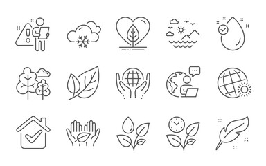 Fair trade, Tree and Feather line icons set. Local grown, Leaf and Snow weather signs. Vitamin e, Sea mountains and Organic tested symbols. Leaves, World weather and Plants watering. Vector