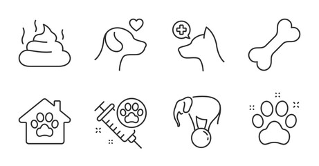 Pet friendly, Dog vaccination and Dog bone line icons set. Pet shelter, Pets care and Feces signs. Veterinary clinic, Elephant on ball symbols. Pets medicine, Shelter, Excrement. Animals set. Vector