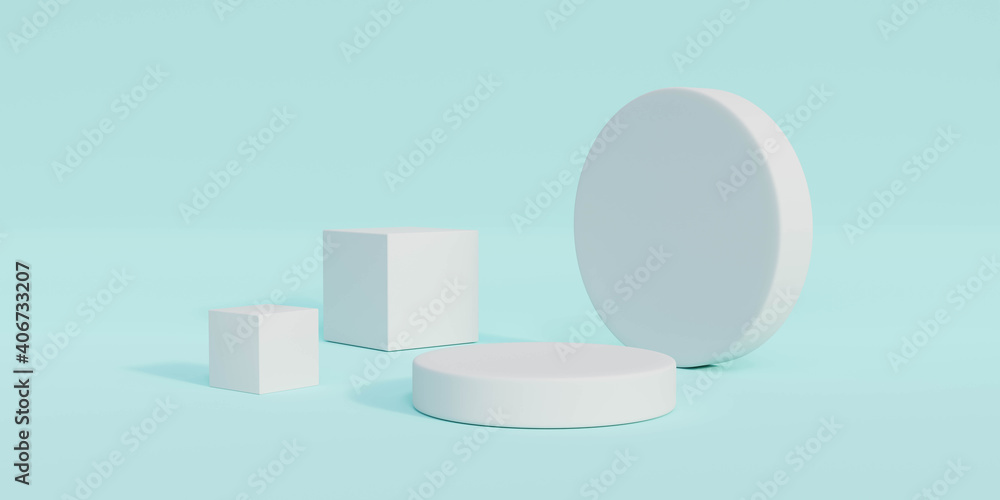 Poster abstract white product showcase with cyan background and white geometric abstract objects 3d render 
