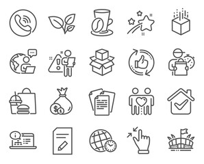 Business icons set. Included icon as Time zone, Arena, Call center signs. Augmented reality, Edit document, Touchscreen gesture symbols. Cash, Documents, Leaves. Coffee cup, Packing boxes. Vector