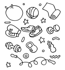 Fototapeta premium Fitness Mobile app. Doodle style for a Banner, poster. EPS 10 vector. Stay home. What to do in quarantine