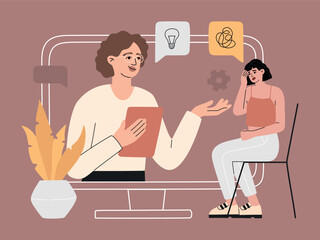 Online psychological consulting with a sad patient concept. Sad girl sitting and talking with a psychologist on a computer, counseling with depressed women by online call. Trendy vector illustration - obrazy, fototapety, plakaty