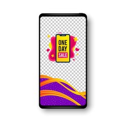 One day sale banner. Phone mockup vector banner. Discount sticker shape. Special offer phone icon. Social story post template. One day badge. Cell phone frame. Liquid modern background. Vector