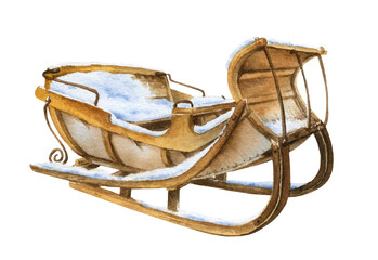 Big snow-covered vintage wooden sledge hand drawn in watercolor isolated on a white background. Watercolor illustration. Winter illustration.