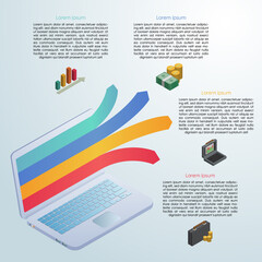Illustration of laptop notebook infographic template with financial icons.