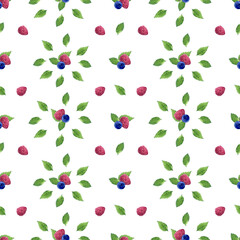 Seamless pattern. Watercolor. Wild berries and green leaves. For packaging paper or fabric.