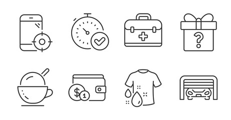 First aid, Seo phone and Secret gift line icons set. Fast verification , Parking garage and Wash t-shirt signs. Ice cream, Buying accessory symbols. Quality line icons. First aid badge. Vector