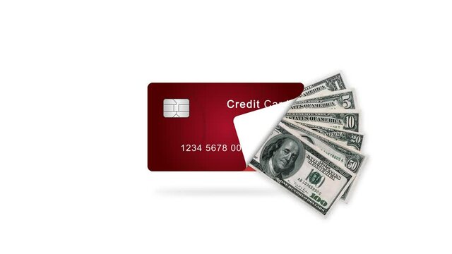 The credit card's corner moves away and dollars fall out from under it