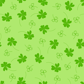 Floral seamless pattern. Saint Patricks day background with shamrock. Vector illustration in green color. Clover Ireland symbol pattern. For wallpaper, banner, invitation, wrapping, textiles.