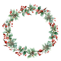 Fototapeta na wymiar Floral wreath with green leaves, white berries, red barberry and wild rose berries hand drawn in watercolor isolated on a white background. Watercolor illustration. Floral watercolor wreath. 