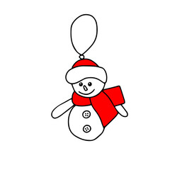 Illustration of a black fun snowman with a red scarf and a hat isolated on a white background looks like a christmas ball for decoration