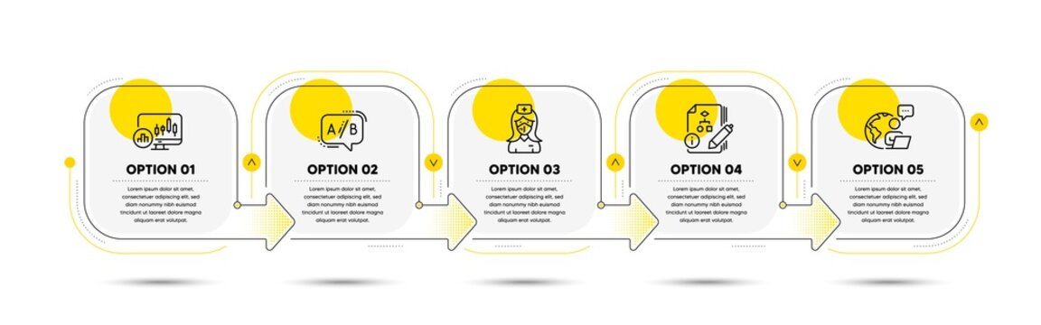 Candlestick chart, Ab testing and Nurse line icons set. Timeline process flowchart. Algorithm sign. Report analysis, Test chat, Medical mask. Project. Science set. Infographics timeline banner. Vector