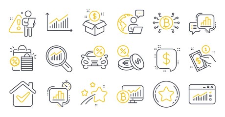 Fototapeta na wymiar Set of Finance icons, such as Graph, Bitcoin chart, Payment method symbols. Payment message, Statistics timer, Bitcoin system signs. Car leasing, Graph chart, Currency exchange line icons. Vector