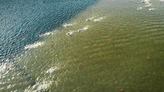 big group of swimmers at Triathlon Competition open water race part. aerial view slow motion shot swimming competitors at sunny day