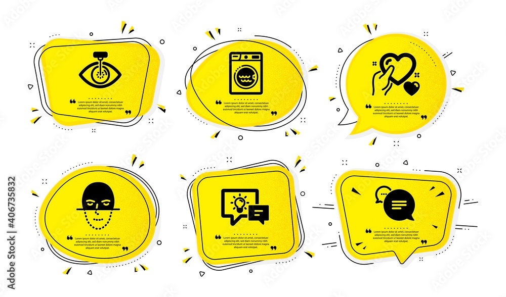 Poster idea lamp, eye laser and laundry icons simple set. yellow speech bubbles with dotwork effect. face r