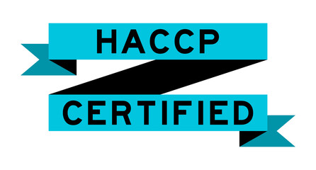 Vintage blue color ribbon banner with word HACCP (Hazard Analysis and Critical Control Points) certified on white background