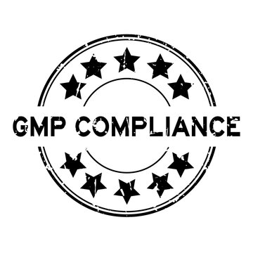 Grunge black GMP (Good manufacuturing practice) compliance word round rubber seal stamp on white background