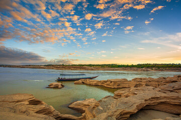 Sunrise landscape photo with boat, mountain,Sam Phan Bok, Ubon Ratchathani, Thailand