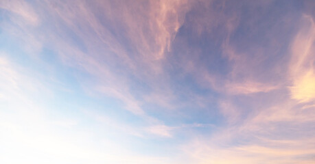 Summer Blue Sky and white clouds background. Beautiful clear cloudy in sunlight spring season. Panorama vivid pink cloudscape in nature environment. Outdoor horizon skyline with spring sunshine.