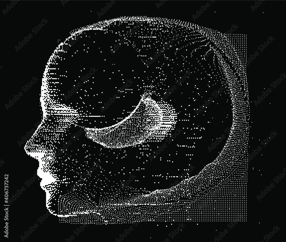 Poster Abstract technology background with 3d face made of particles. Conceptual illustration of Artificial intelligence.