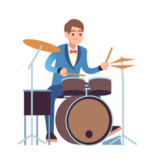 Drummer performance. Classic male musician character in blue dress plays on drum set, percussion instrument acoustic music show entertainment concept flat vector cartoon illustration
